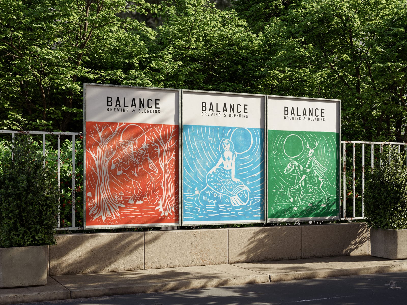 Hand-carved lino print label designs for Balance Brewing — Headless Horseman, Old Crockern, and Mermaid — photographed across Greater Manchester locations