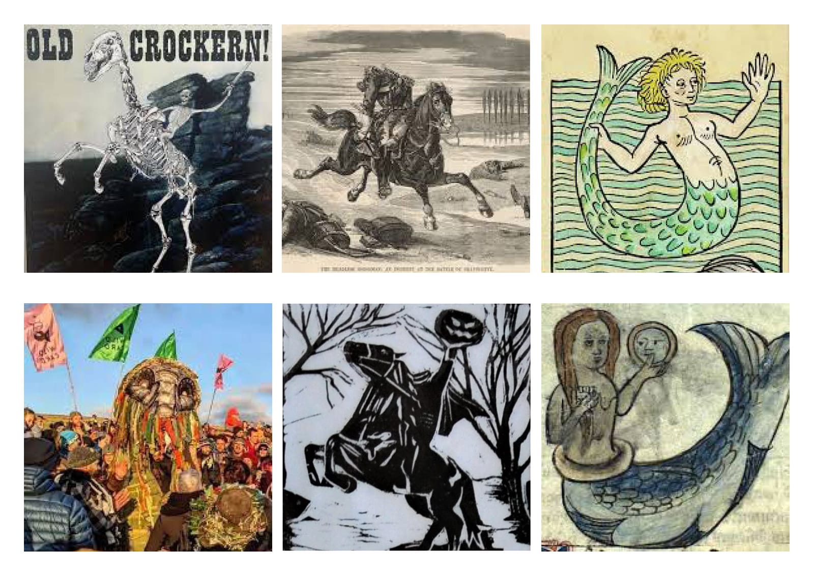 Research reference board showing British folklore imagery — Headless Horseman, Old Crockern of Dartmoor, and Mermaid mythological sources