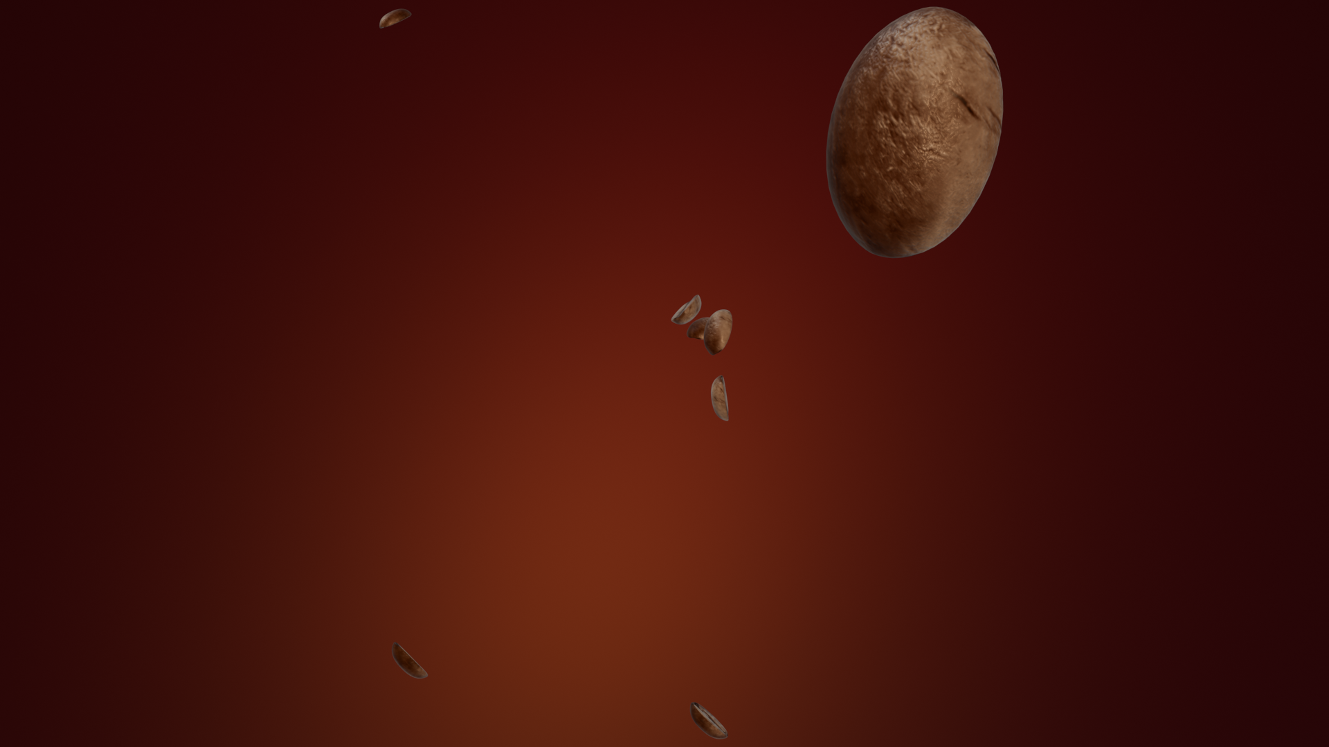 Single coffee bean falling against a deep red gradient — photorealistic Blender Cycles render