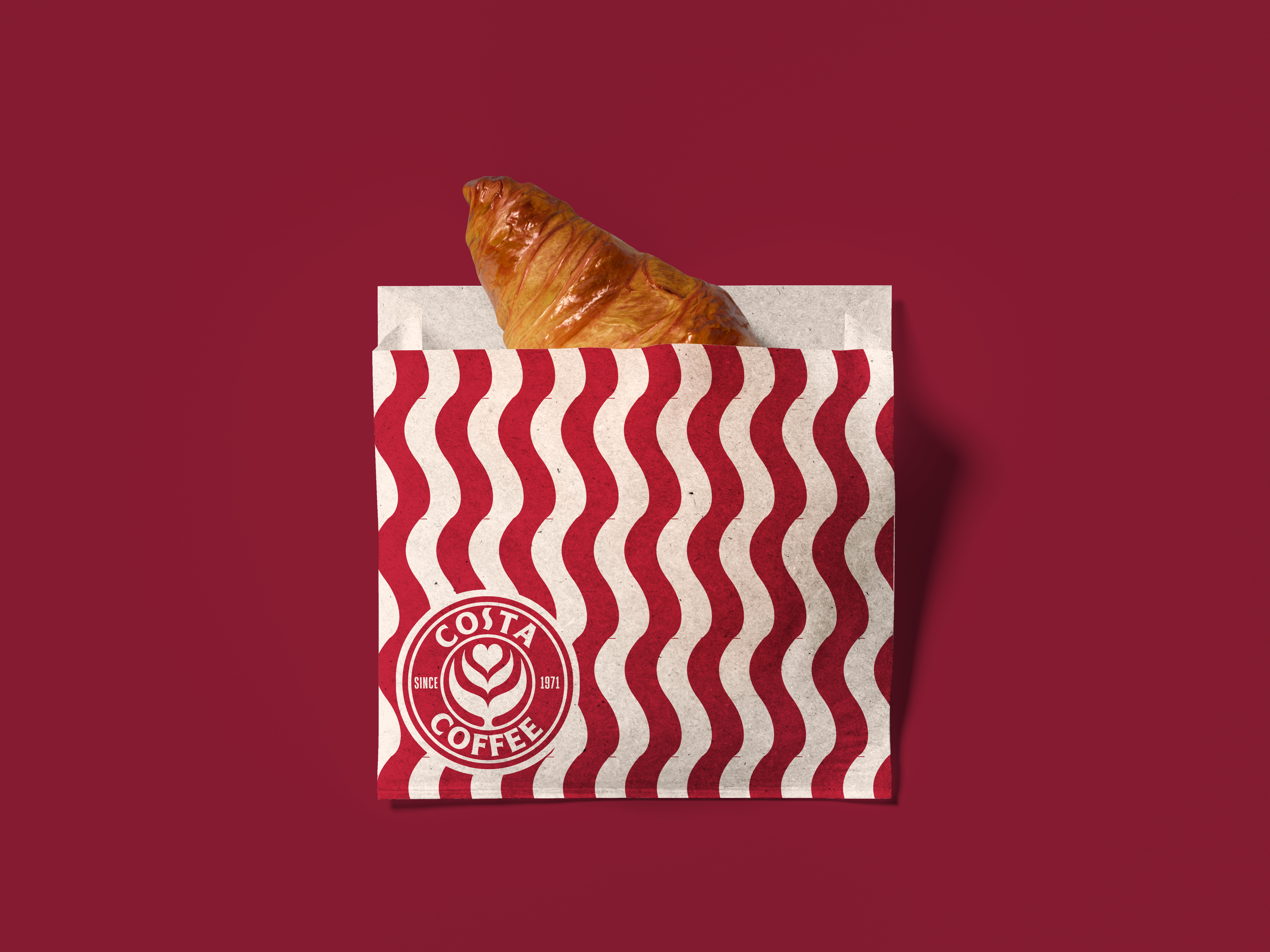 Croissant bag packaging with wave pattern — retail packaging design for the Costa rebrand