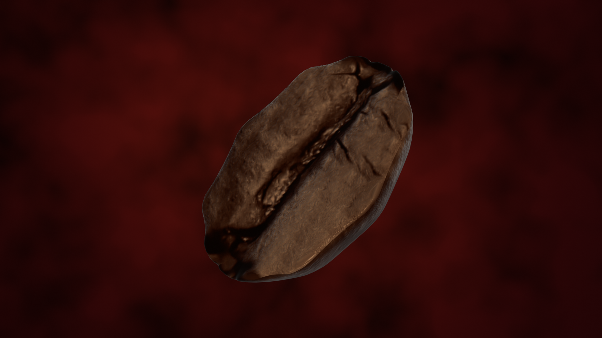 Photorealistic coffee bean close-up render against deep red background — material study for the Costa rebrand research phase