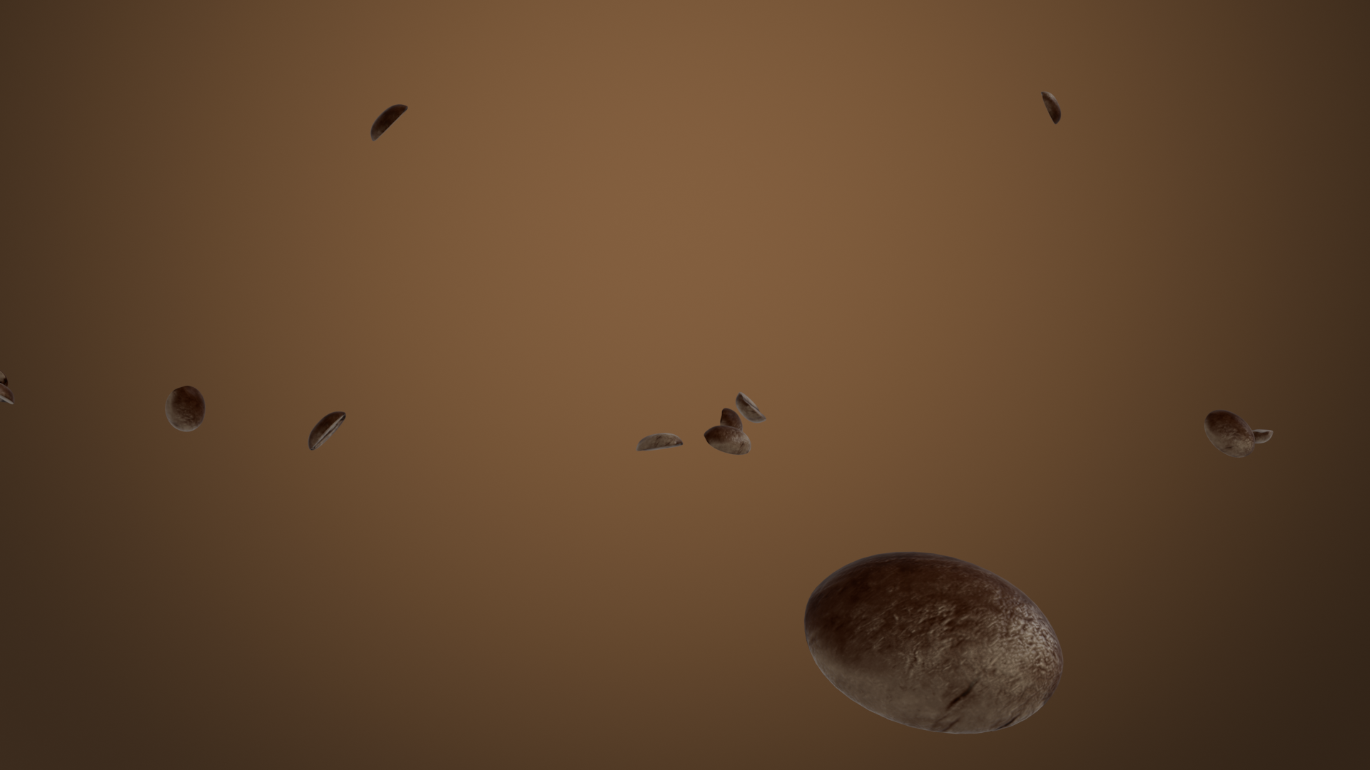 Scattered coffee beans on warm brown background — photorealistic 3D render