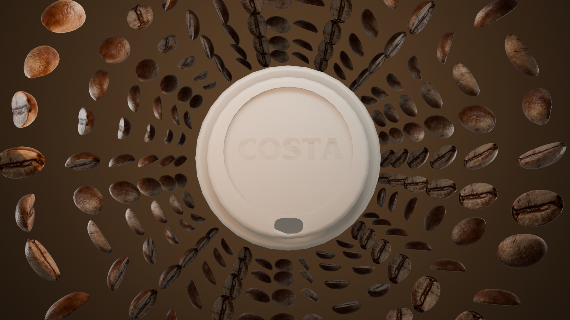 Top-down Costa cup lid surrounded by spiralling coffee beans — photorealistic 3D mockup rendered in Blender Cycles