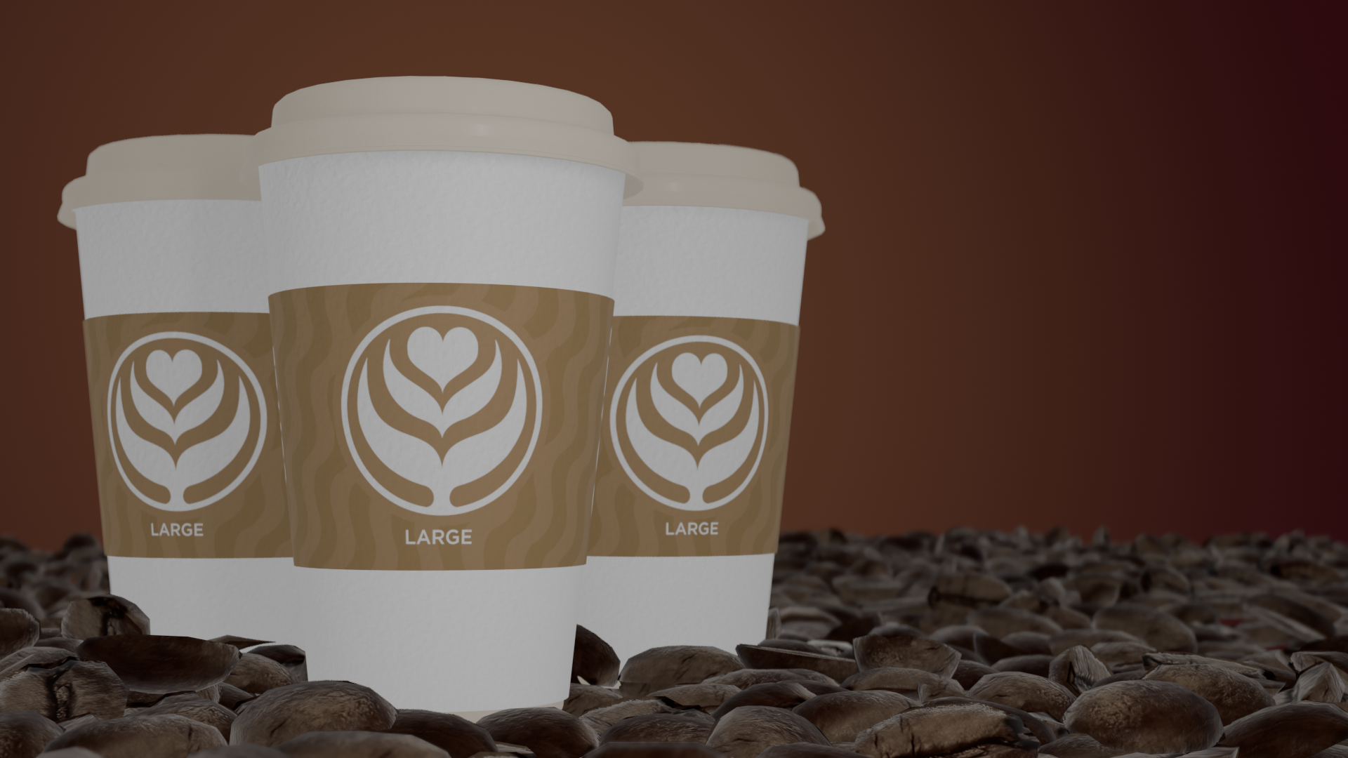 Costa Coffee rebrand — three branded cups on coffee beans, photorealistic 3D render