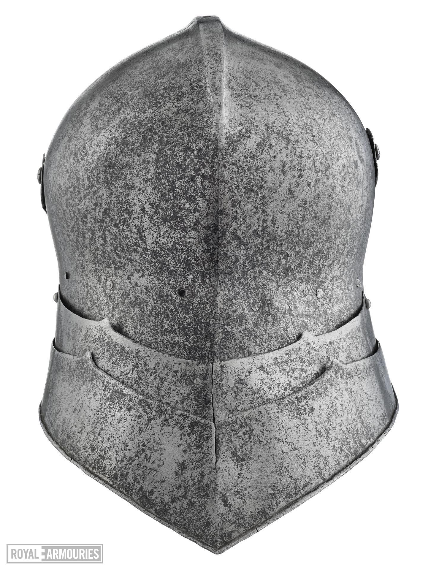 Royal Armouries reference photo — 15th-century sallet and bevor front view, primary modelling reference