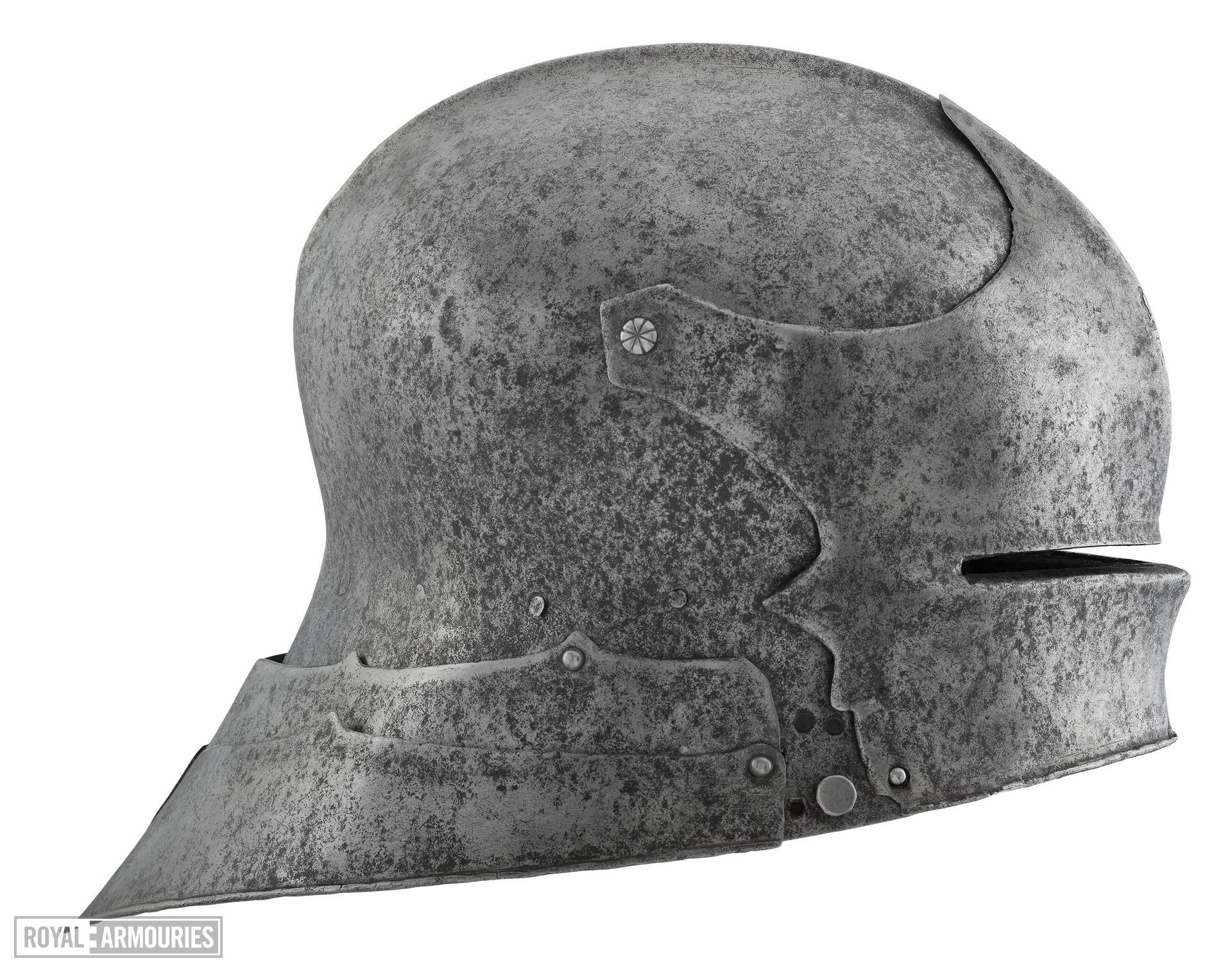 Royal Armouries reference — sallet side view with hinge detail, for model-vs-reference comparison