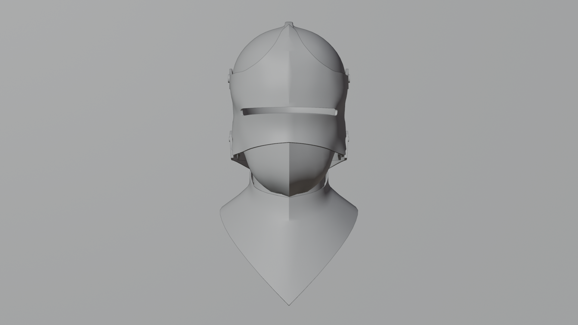 Gothic plate armour sallet and bevor front clay render — 15th-century hard-surface modelling study