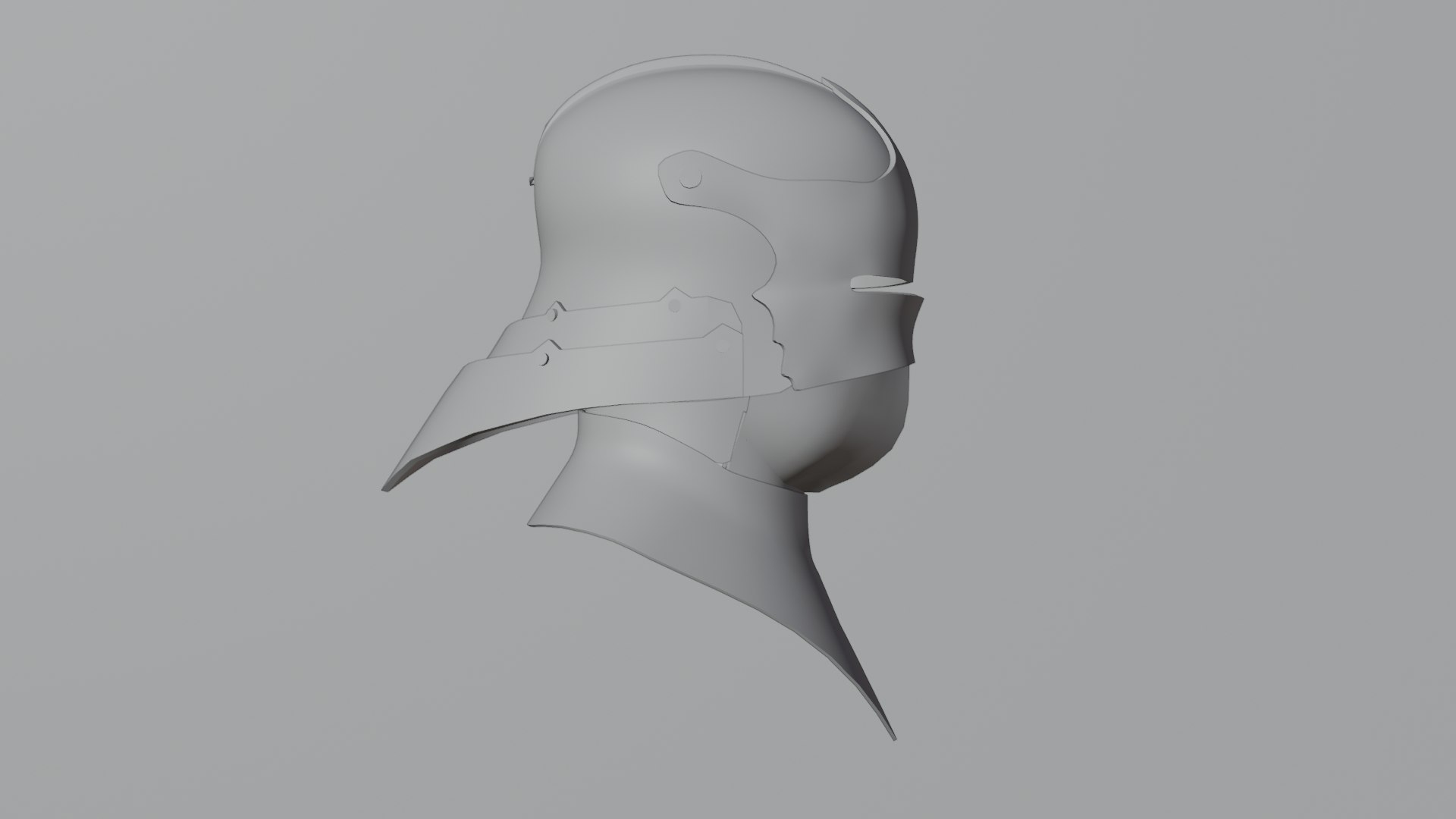 Sallet and bevor side profile clay render — showing compound curves and articulation of the Gothic plate armour