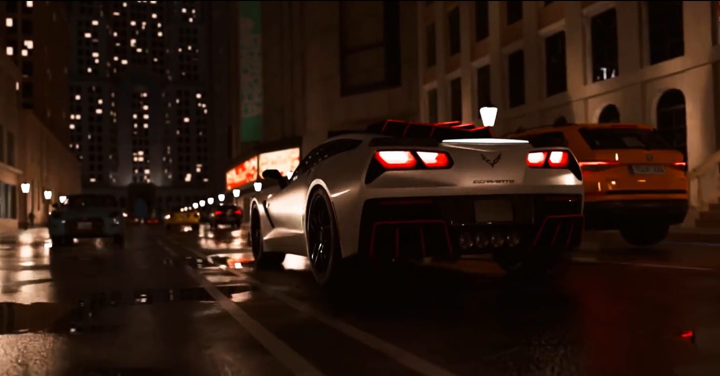 Cinematic night render of a rain-slicked city street with volumetric lighting and wet-surface reflections — 48-hour production challenge