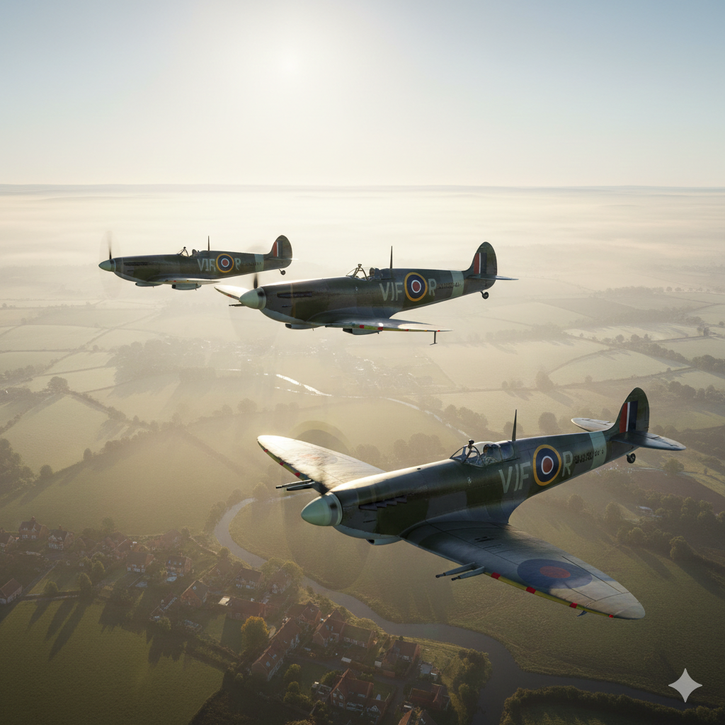 Cinematic 3D render of a Spitfire Mk IX launching from RAF Kenley during a 1940 Battle of Britain scramble sequence