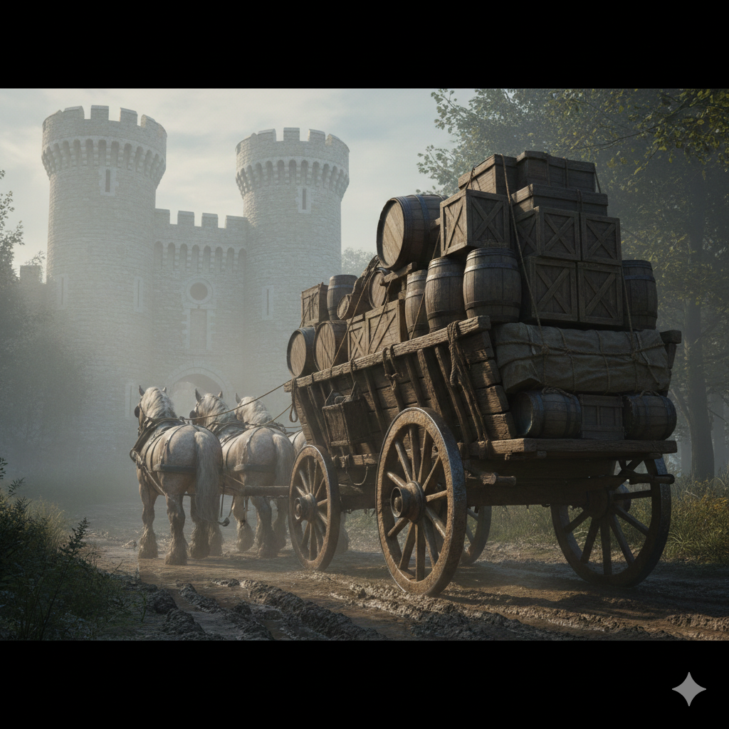 High-fidelity medieval wagon environment along Hadrian's Wall with volumetric lighting, PBR materials, and modular kit construction